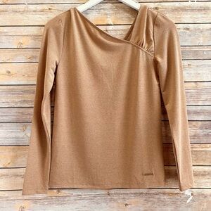 Nine West Blouse Women’s Size XS Tan Gold Metallic Glitter Asymmetrical NWT